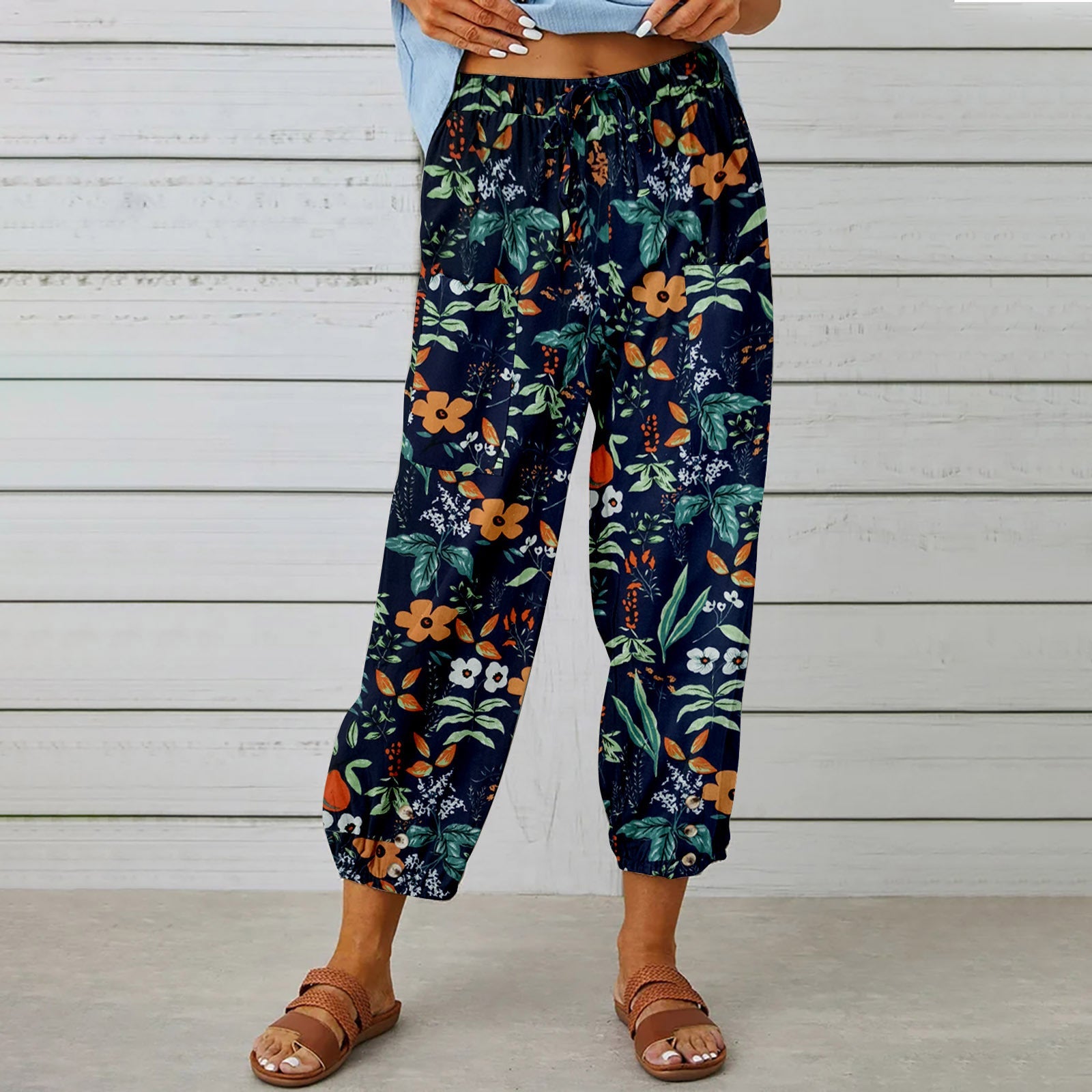 Damen modische Baumwoll-Hose mit floralem Design und elastischem Bund WW