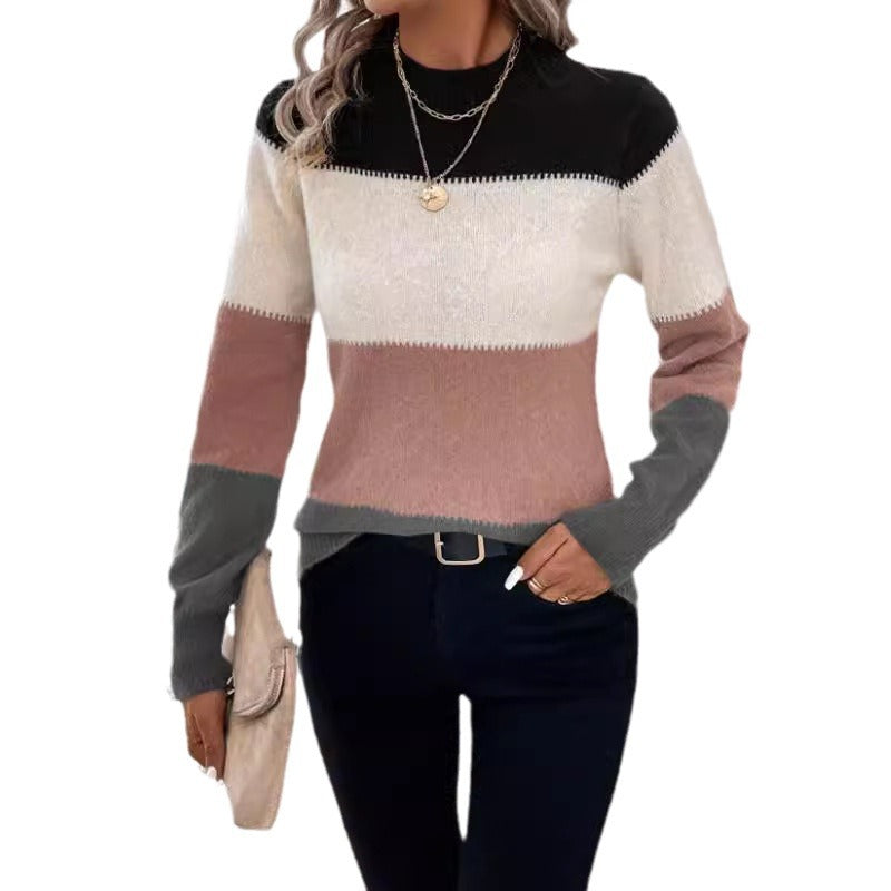 Damen modischer Strickpullover mit trendigem Blockstreifen und steigendem Kragen WW