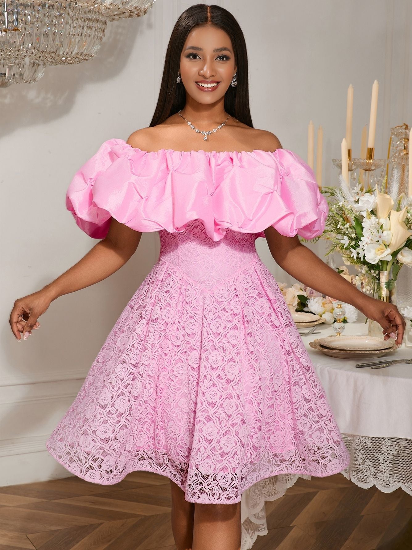 Damen A-Linien Kleid mit floralen Spitzenapplikationen und voluminösen Puffärmeln WW