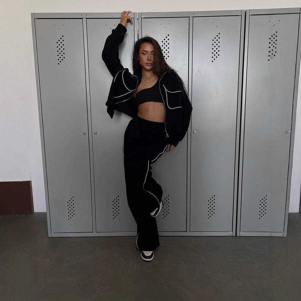 Damen sportliches Fleece-Set mit modischen Kontrasten und praktischen Taschen WW