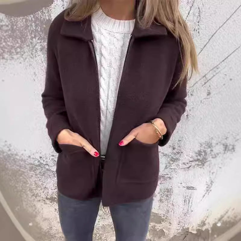 Damen modische Fleecejacke mit praktischen Taschen und elegantem Kragen WW