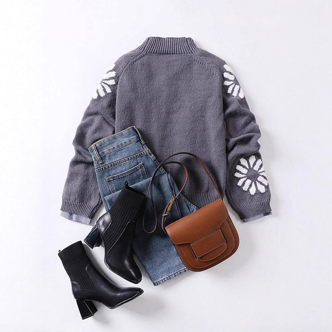 Damen Strickpullover mit floralem Motiv und modernem Rundhalsausschnitt WW