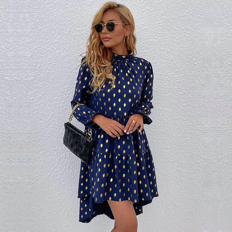 Damen Kleid mit voluminösem Rock und elegantem Stehkragen WW