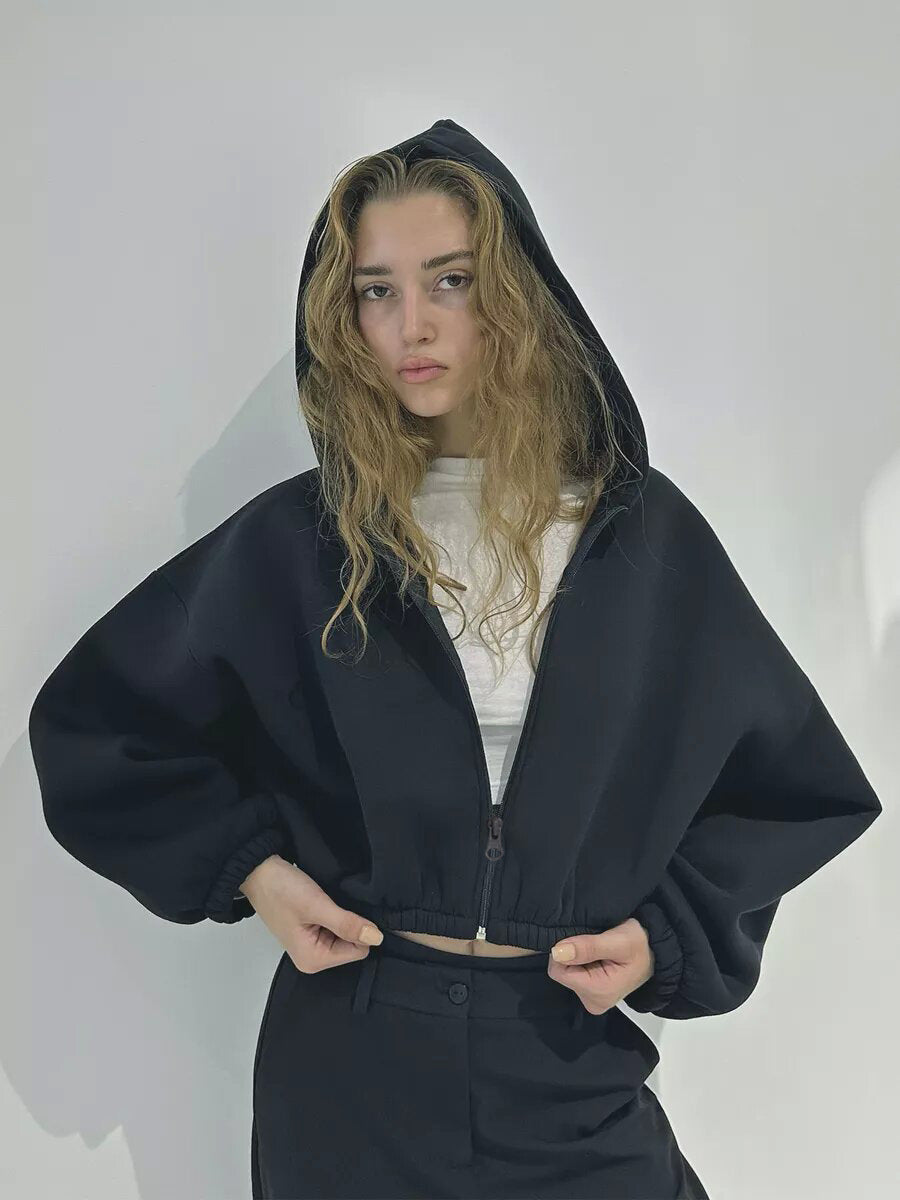 Damen cropped Kapuzenpullover mit oversized Ärmel WW