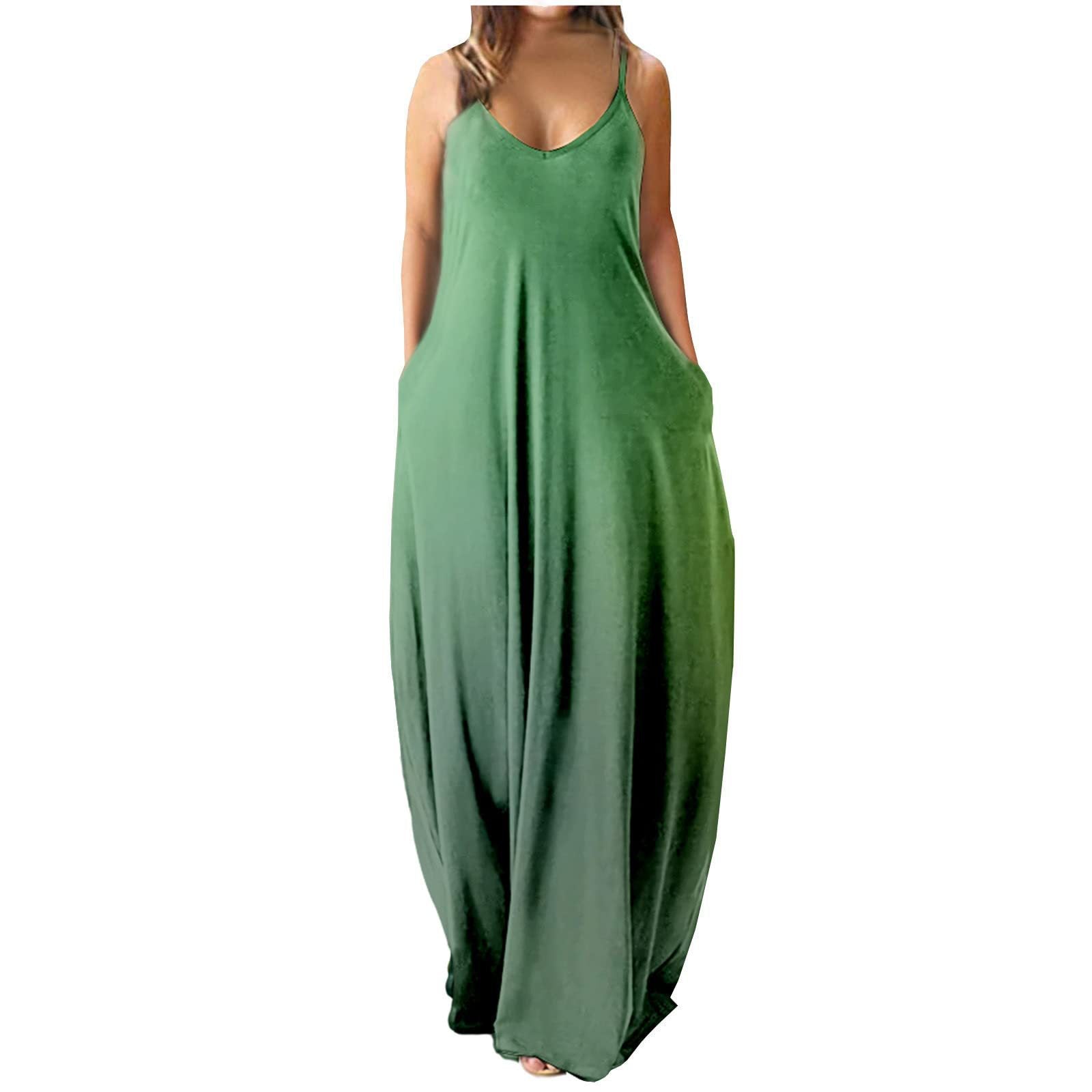 Damen elegantes Maxi-Kleid mit tiefem V-Ausschnitt und praktischen Taschen WW