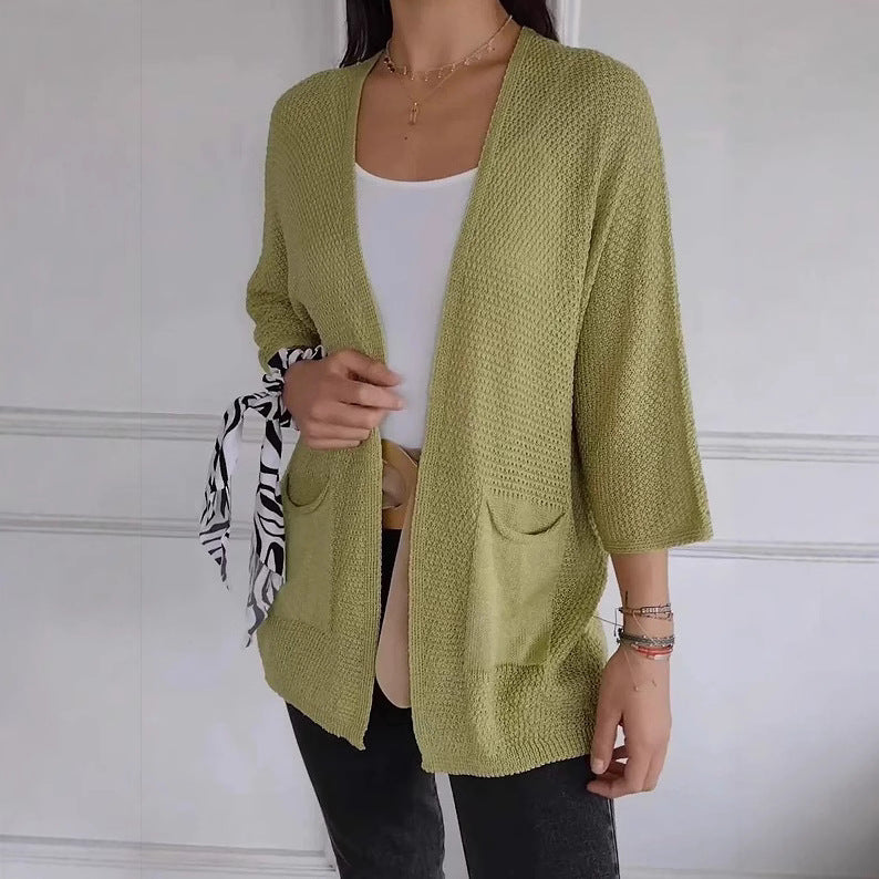 Damen lässige Strickjacke mit offener Vorderseite und praktischen Taschen WW