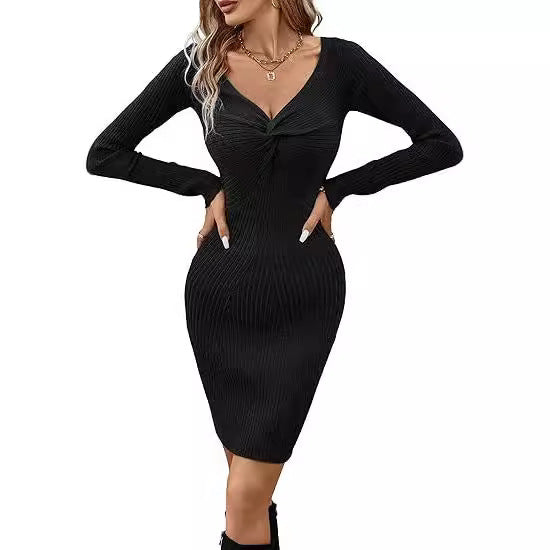 Damen figurbetontes langärmliges Strickkleid mit Knoten-Detail WW