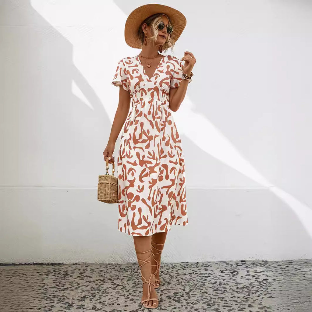 Damen Midi-Kleid mit V-Ausschnitt und fließenden Rüschendetails WW
