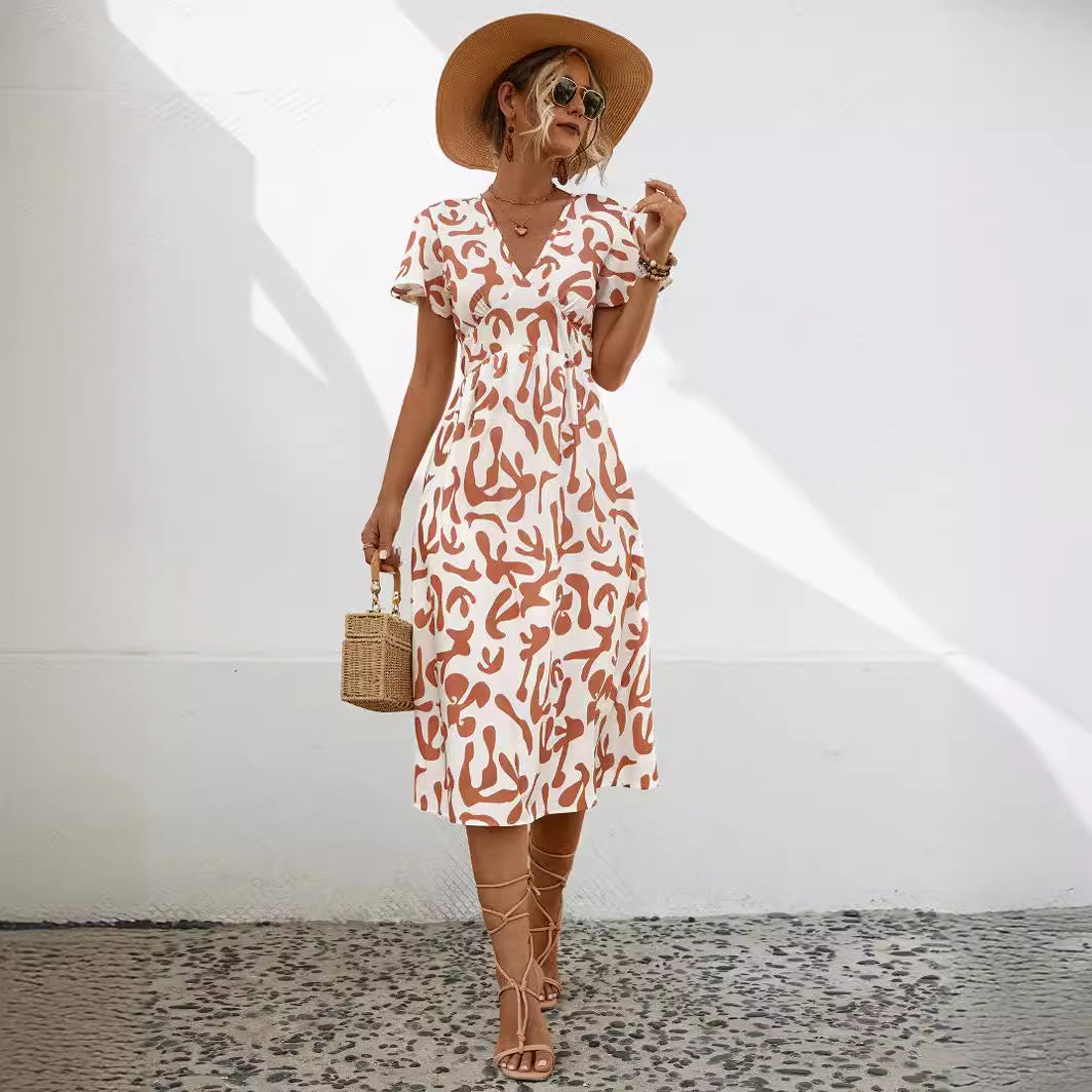Damen Midi-Kleid mit V-Ausschnitt und fließenden Rüschendetails WW