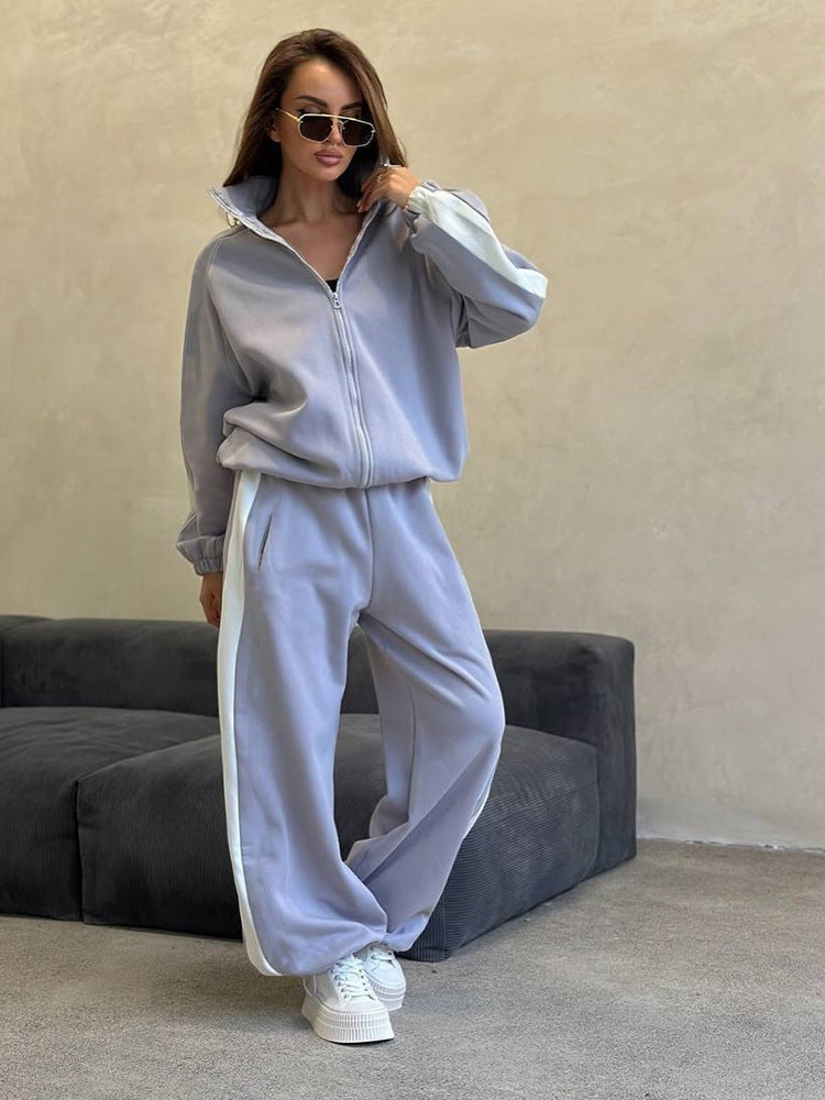 Damen sportliches Fleece-Set mit Stehkragen und seitlichen Kontraststreifen WW