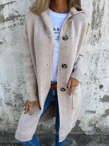Damen Lange Strickjacke mit hochwertiger Rippstruktur und eleganten Knöpfen WW