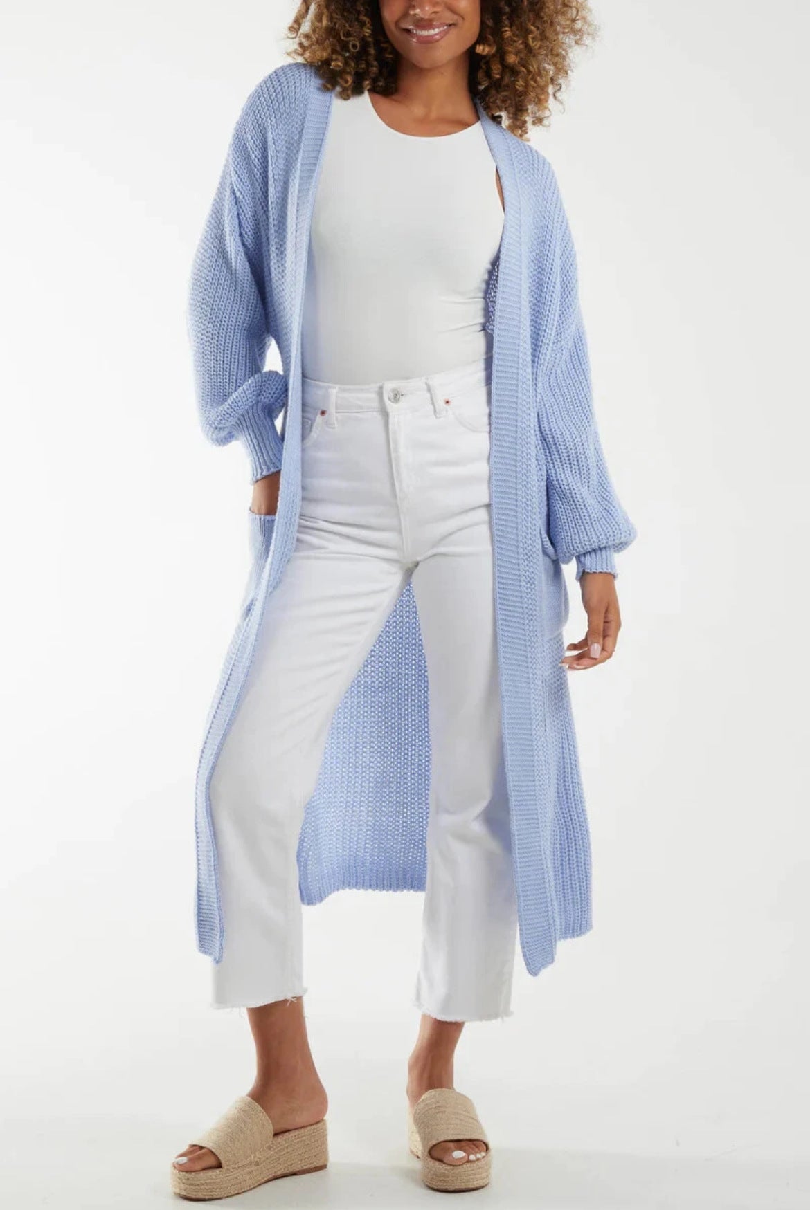 Damen Langer Strickcardigan mit voluminösen Ärmeln und offenem Schnitt WW