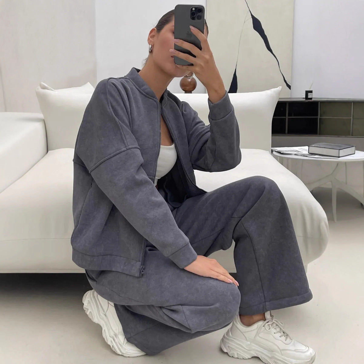 Damen lässiges Fleece-Set mit Oversized Jacke und weit geschnittenen Hosen WW