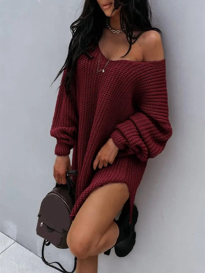 Damen lässiger Strickpullover mit tiefem V-Ausschnitt und ballonförmigen Ärmeln WW