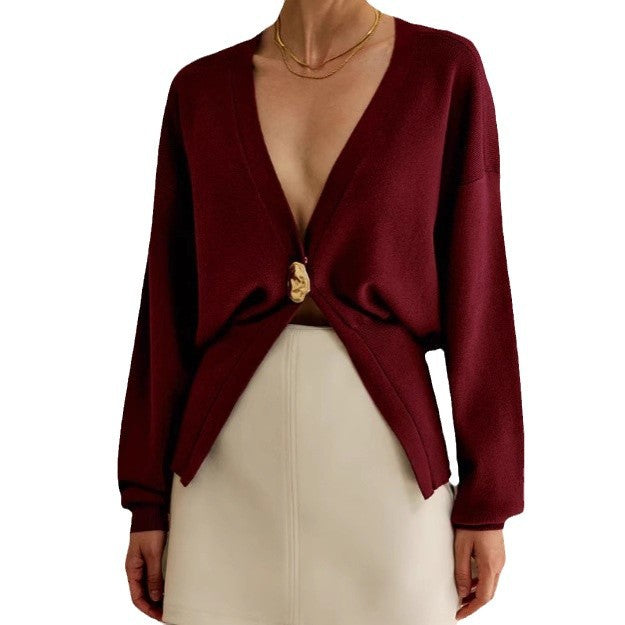 Damen Eleganter und lässiger Cardigan mit tiefem Ausschnitt und Schmuckknopf WW
