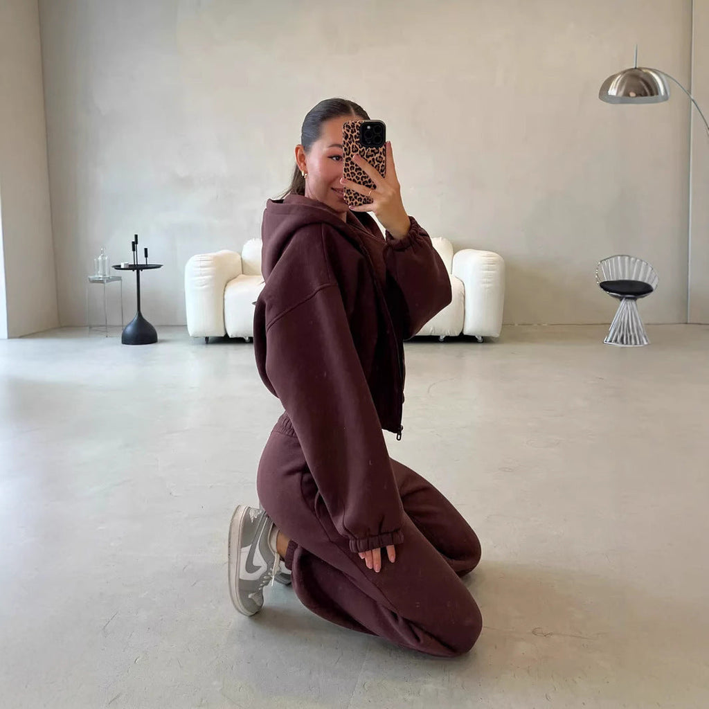 Damen lässiges Sweater-Set aus cropped Hoodie und bequemer Hose mit elastischem Bund WW