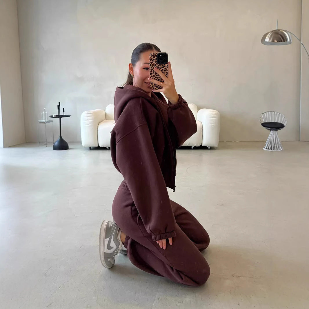 Damen lässiges Sweater-Set aus cropped Hoodie und bequemer Hose mit elastischem Bund WW
