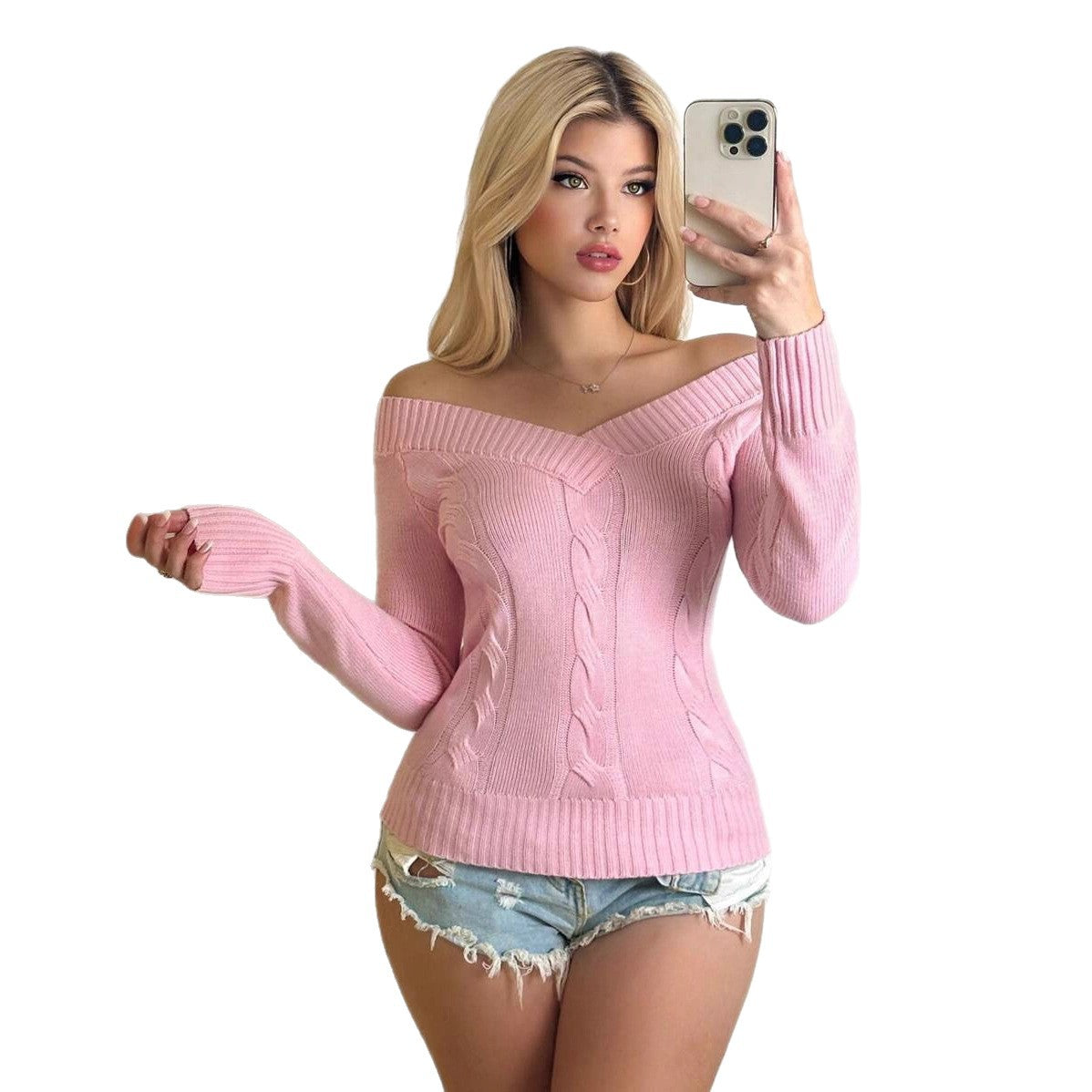 Damen Off-Shoulder Strickpullover mit Zopfmuster WW