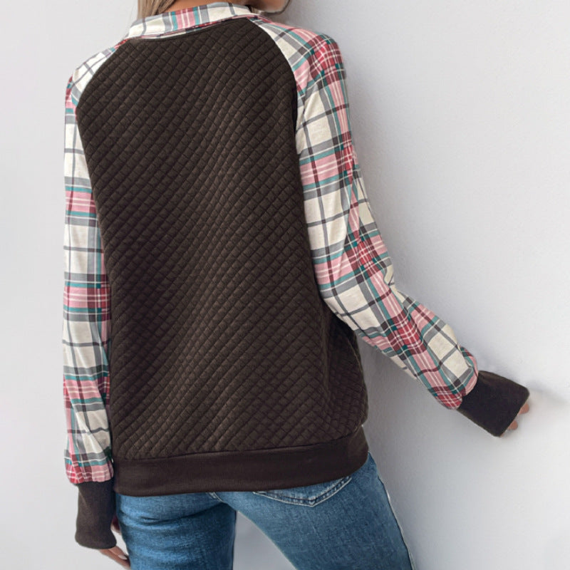 Damen lässiger Fleece-Pullover mit Karomuster und praktischen Kängurutaschen WW