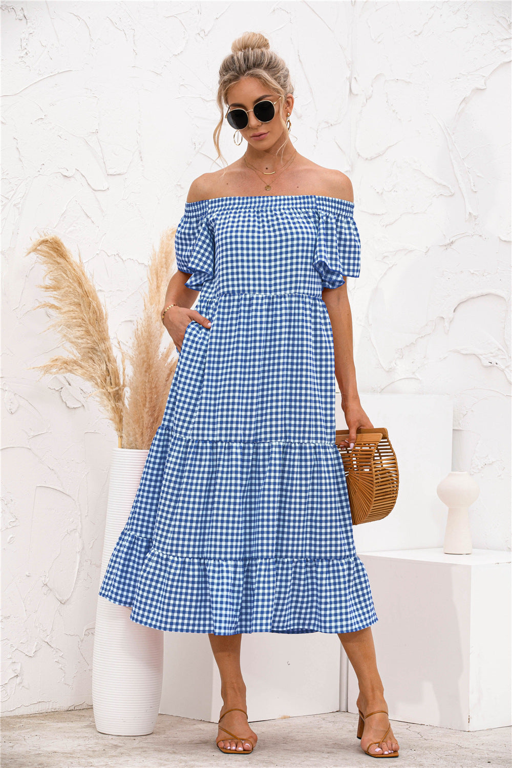 Damen Off-Shoulder Maxi-Kleid mit Rüschendetails und Karo-Muster WW
