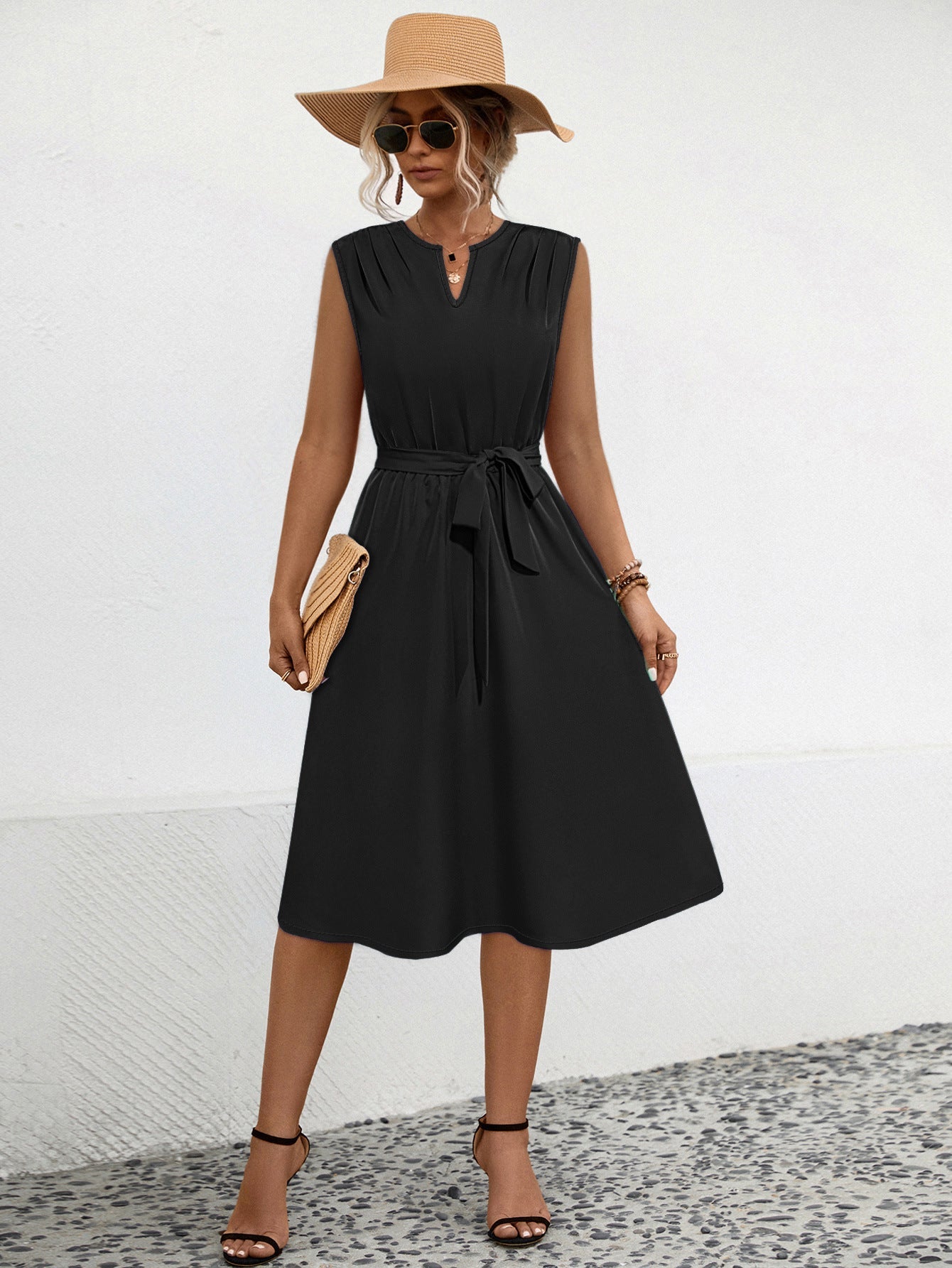Damen Midi-Kleid mit schicker Raffung und taillierbarem Gürtel WW