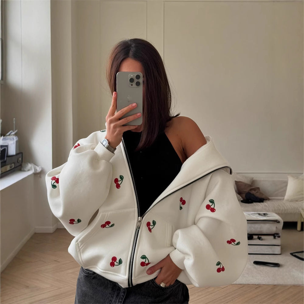 Damen Kapuzenjacke mit frischem Kirschmuster und übergroßem Schnitt WW