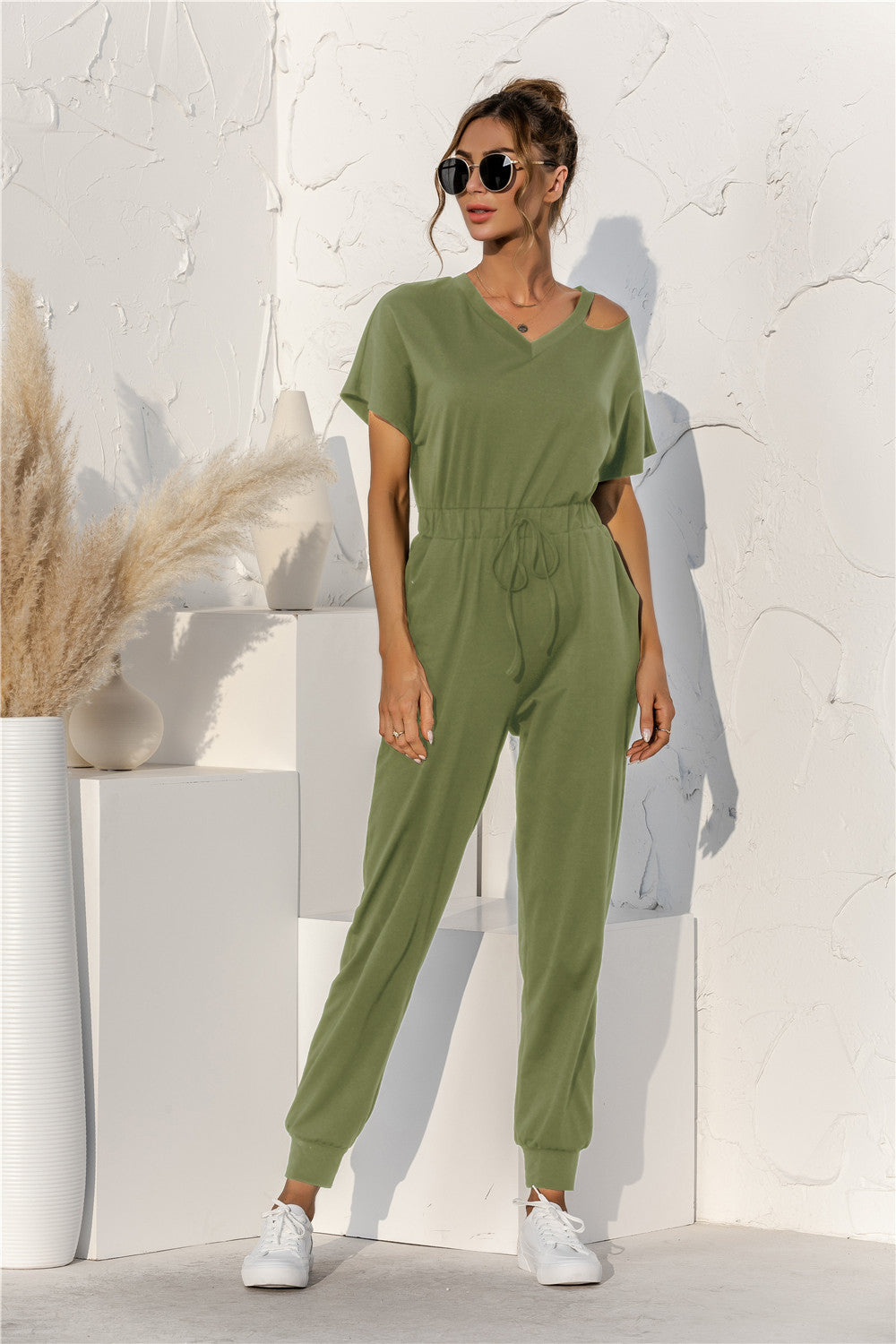 Damen Relaxed Fit Overall mit Kordelzug und Schulterfreies Design WW