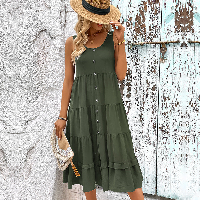 Damen ärmelloses Maxikleid mit Knopfdetail und Volant Saum WW