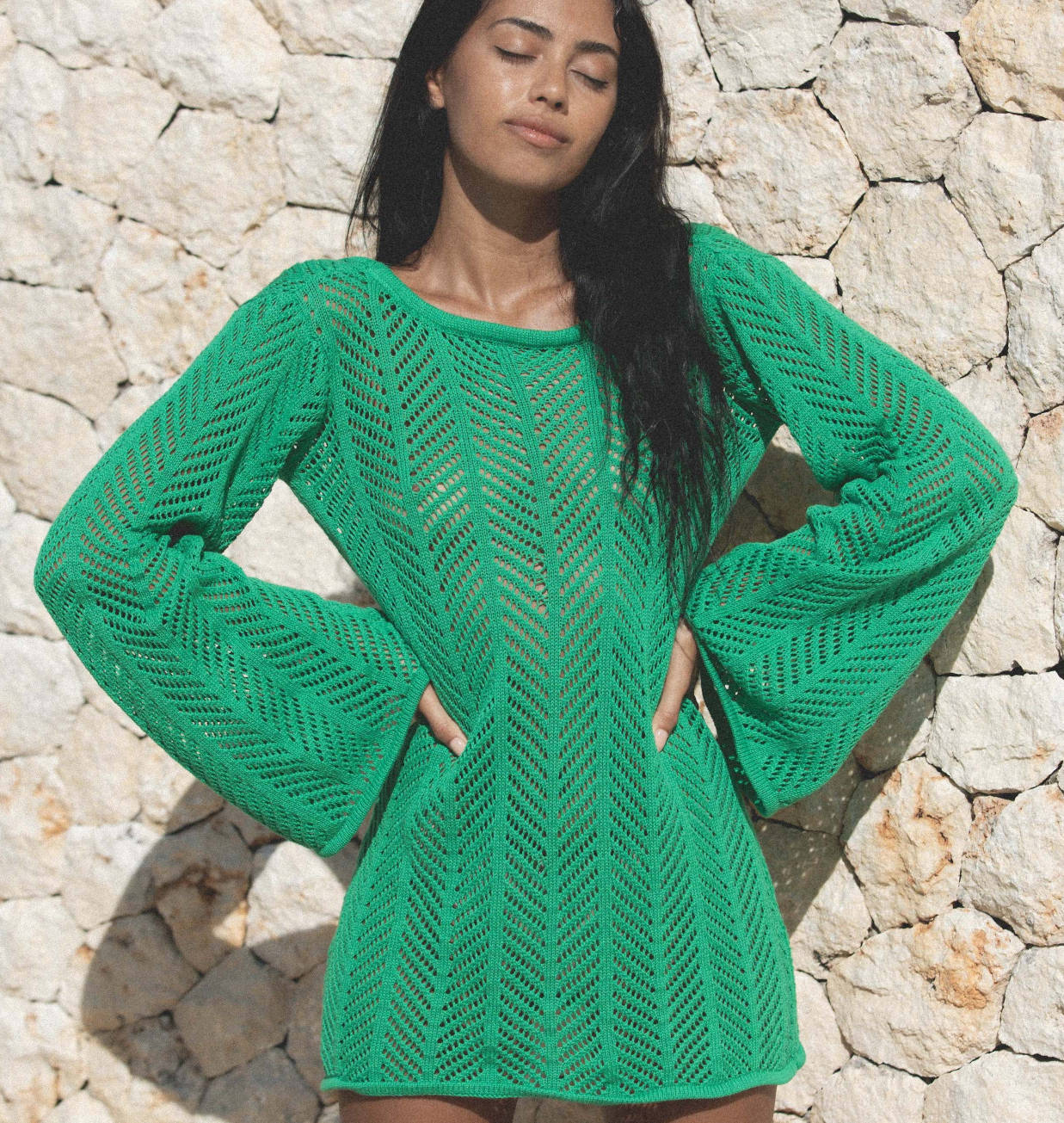 Damen Stricktop mit elegantem Netzdesign und weiten Ärmeln WW