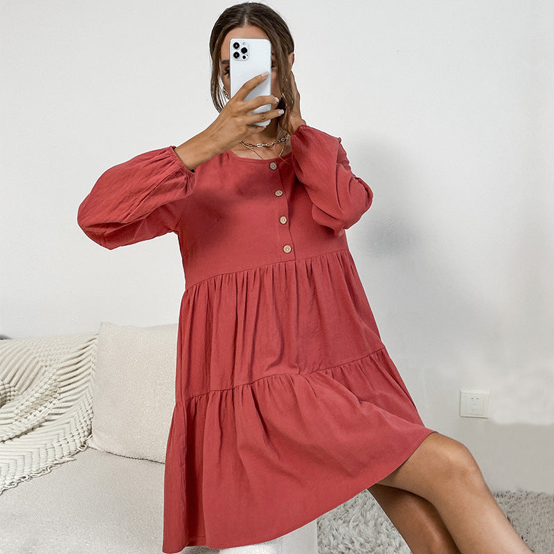Damen Freizeitkleid mit Knopfdetails und voluminösem Rock WW