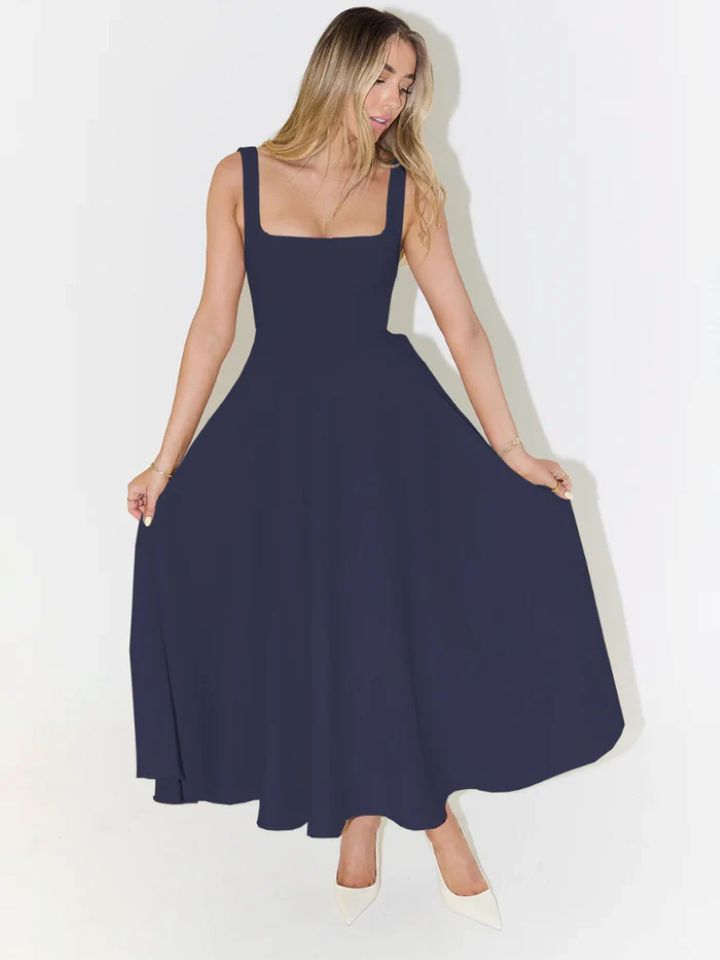 Damen A-Linien Maxikleid mit quadratischem Ausschnitt und fließendem Stoff WW