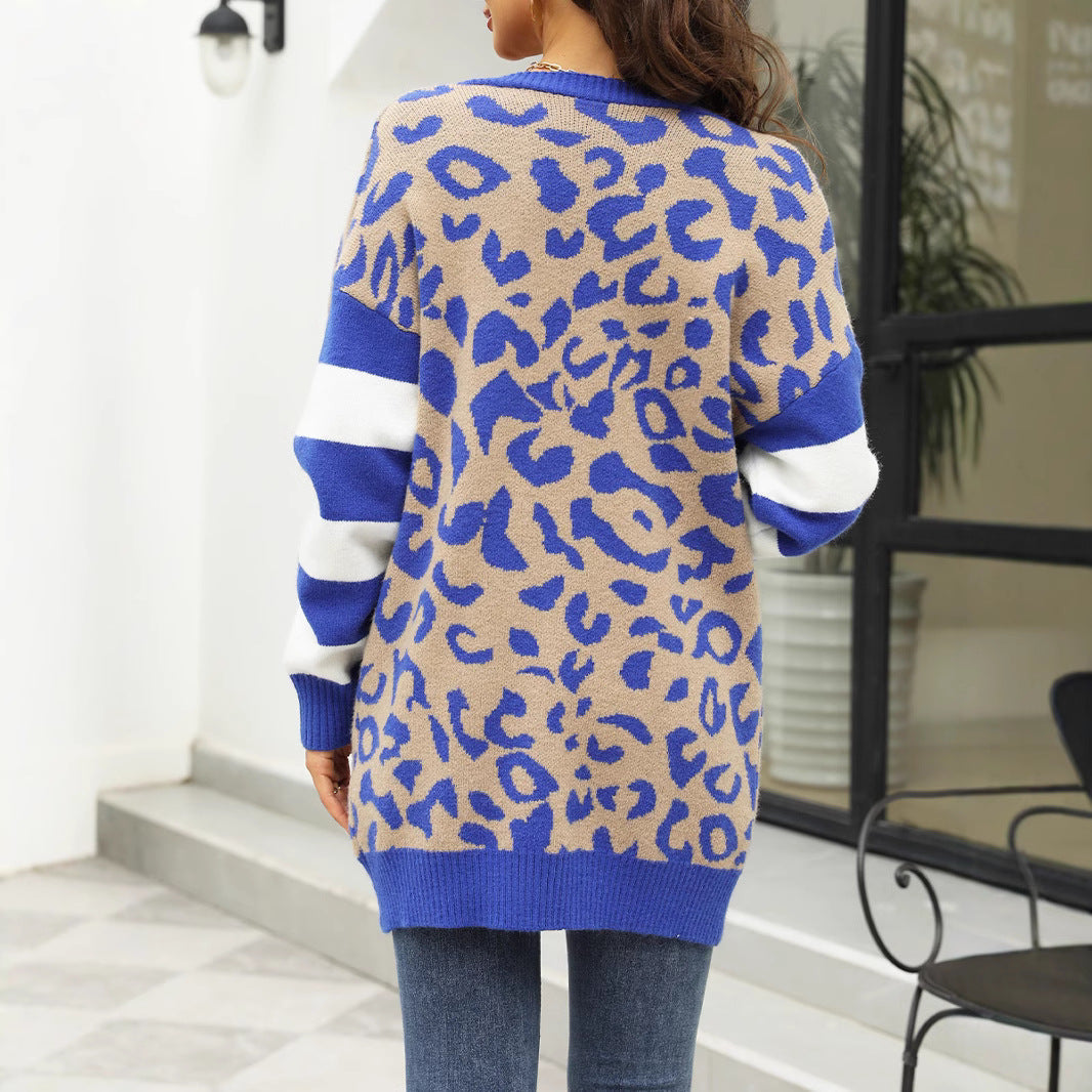 Damen lässige Strickjacke mit leopardenmuster und modernen Streifen WW