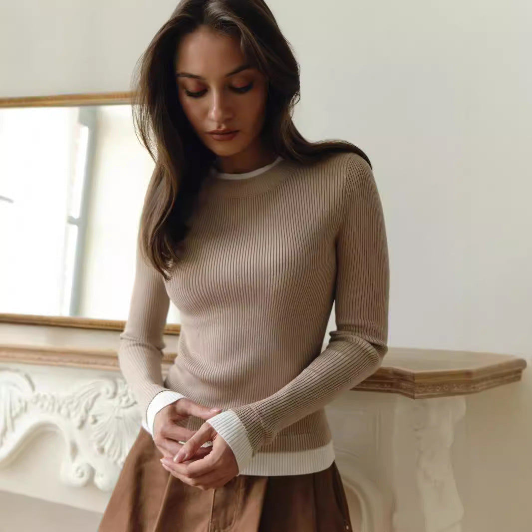 Damen figurbetontes Strickoberteil mit kontrastierenden Bündchen WW