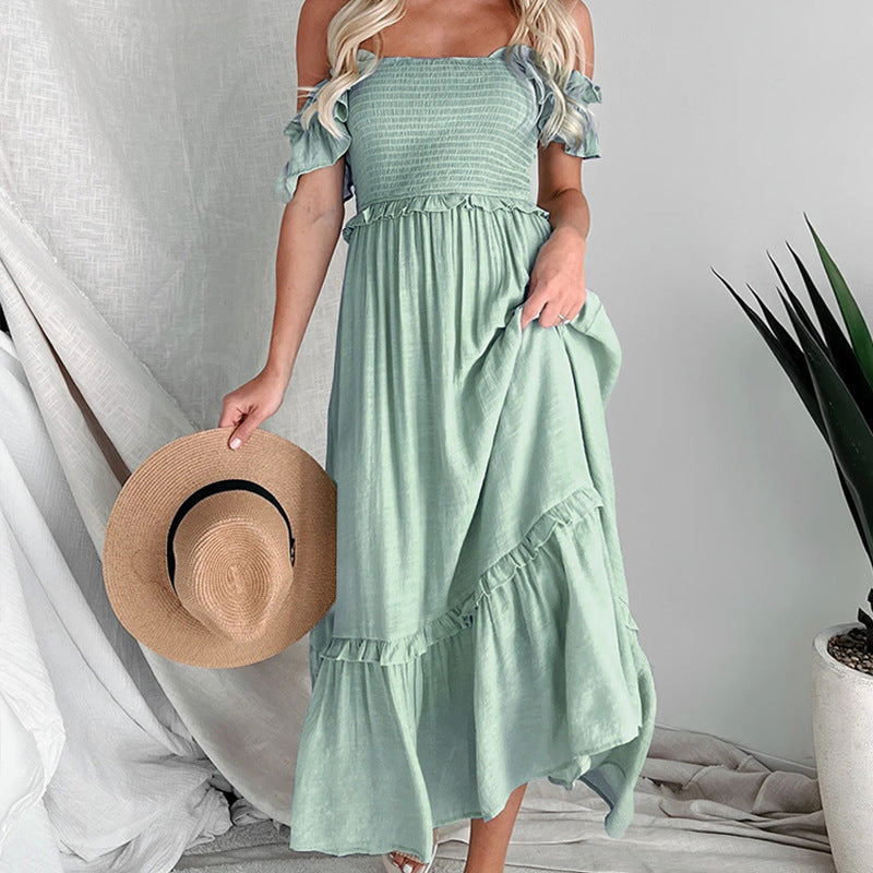 Damen Maxikleid mit schulterfreiem Design und voluminösen Rüschendetails WW