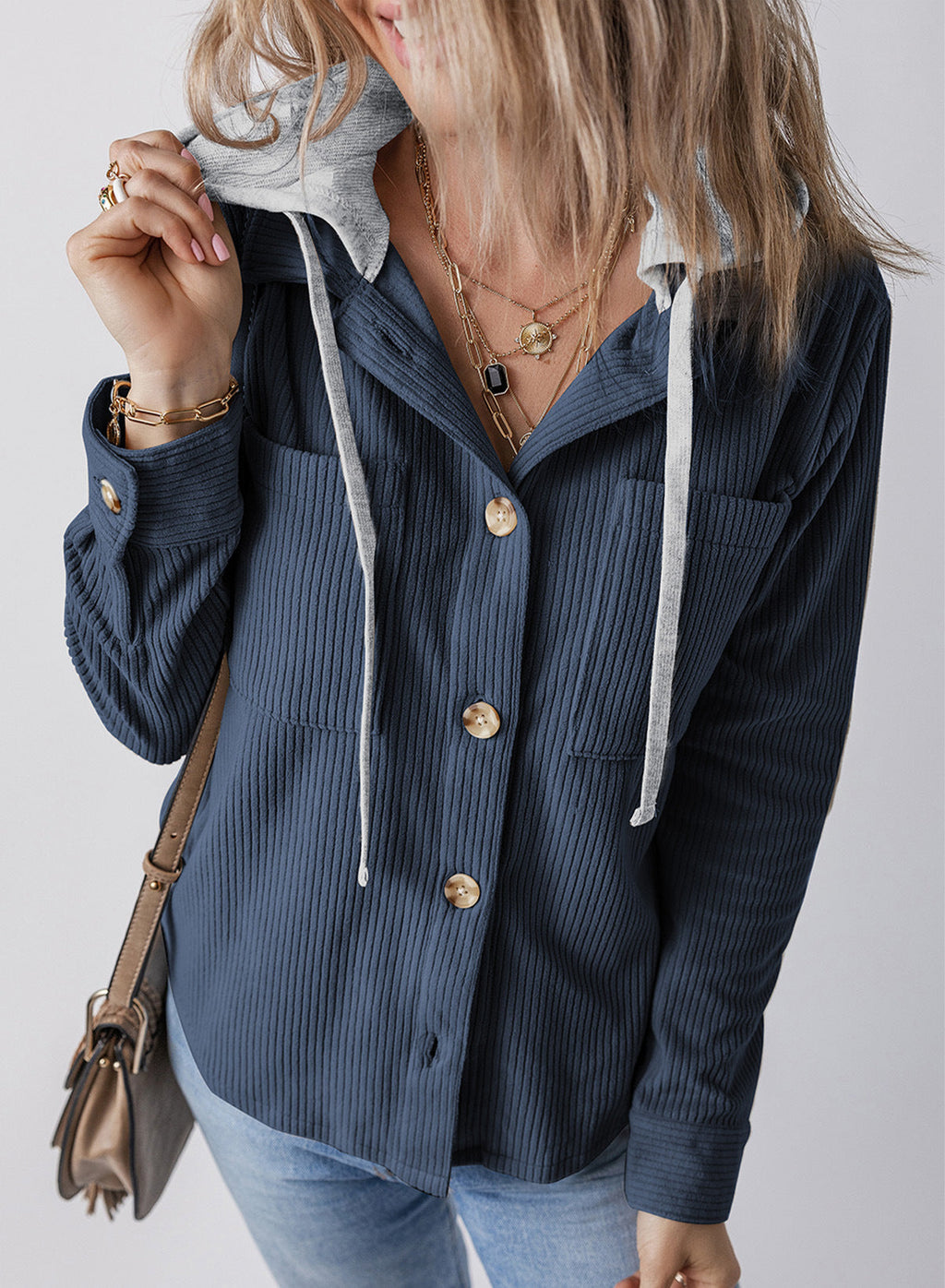 Damen lässige Oversized-Hemdjacke mit Kapuze und strukturiertem Stoff WW