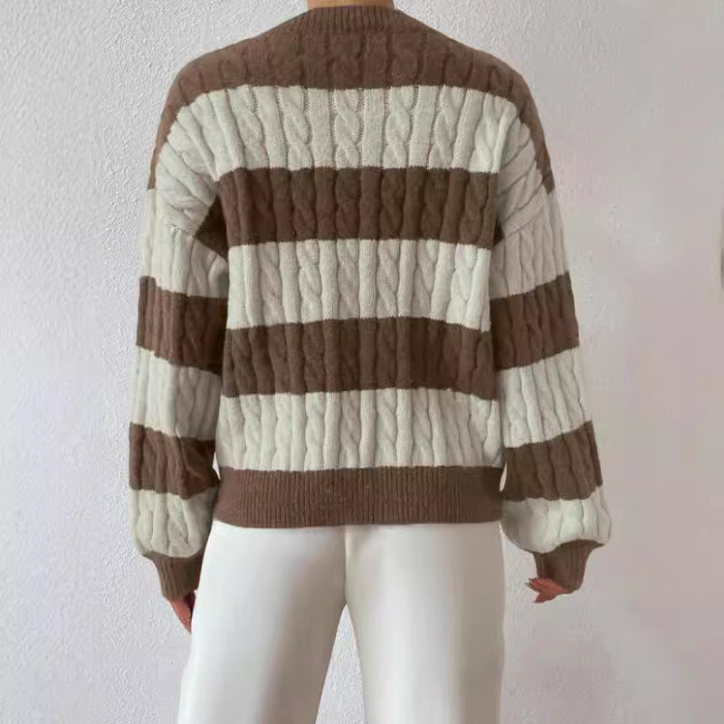 Damen V-Ausschnitt Strickpullover mit Rippstruktur und langen Ärmeln WW