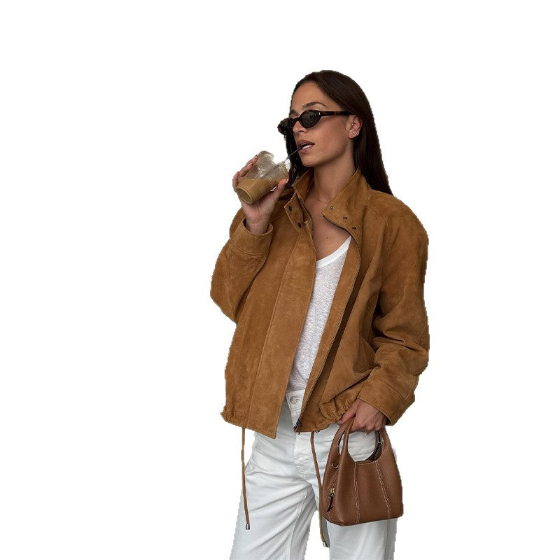 Damen lässige Suede-Jacke mit hohem Kragen und weiten Ärmeln WW