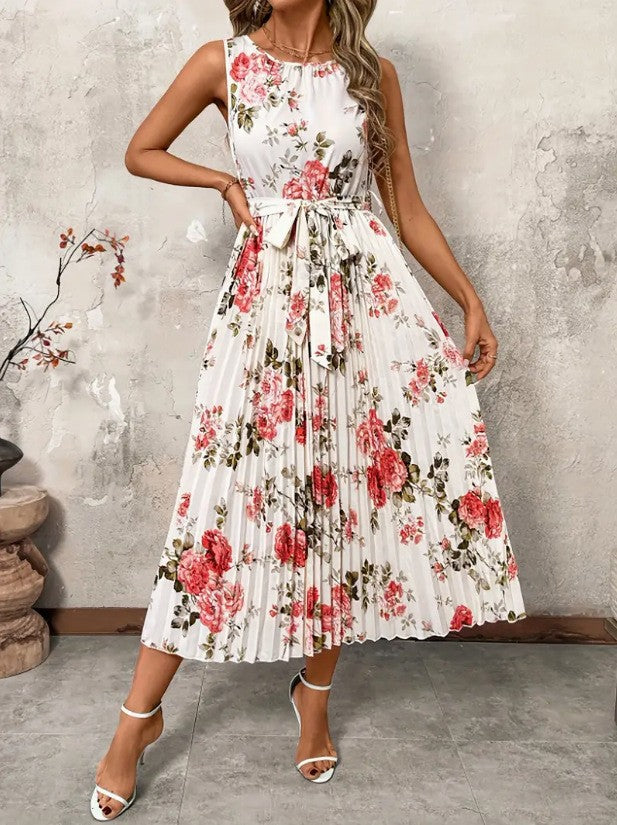 Damen Plisseekleid mit floralem Muster und Gürtel WW
