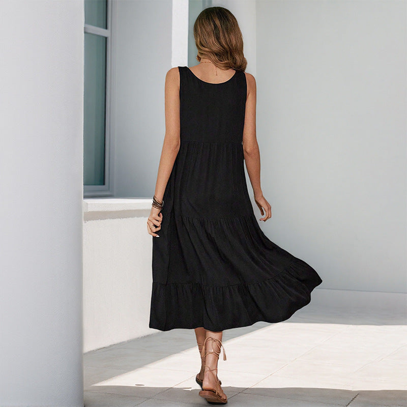 Damen luftiges Maxikleid mit Knopfdetails und schwingendem Rock WW