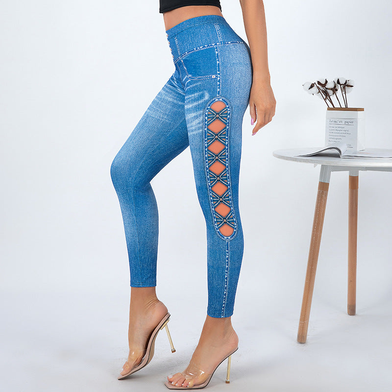 Damen Leggings mit verspielten Cut-Out-Details und dekorativen Bändern WW