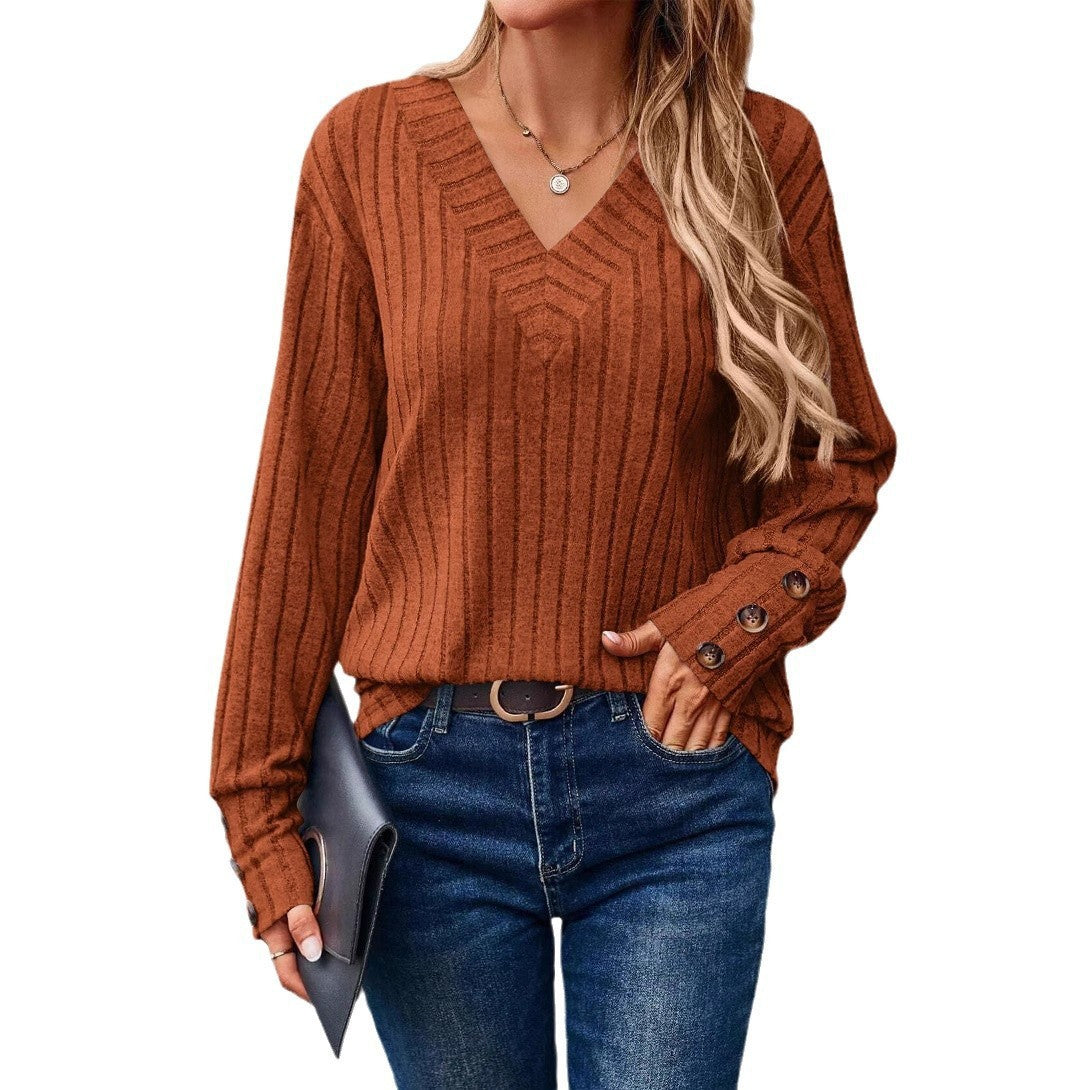 Damen V-Ausschnitt Knopf-Detail gestreifter Pullover WW