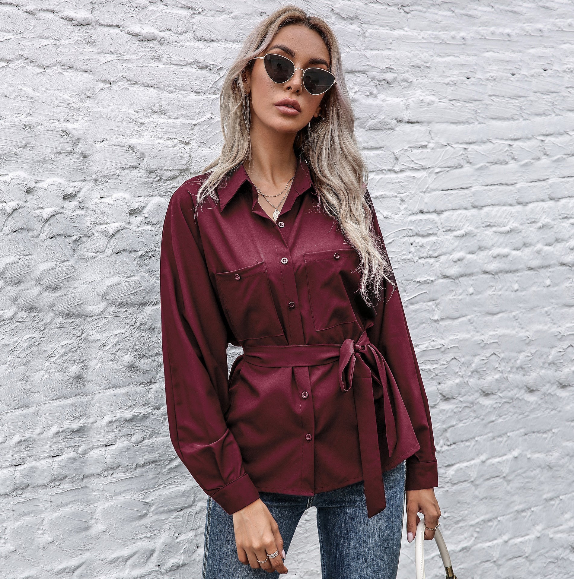 Damen Elegantes Hemdblusenshirt mit Taillengürtel und hochwertigem Satin Material WW