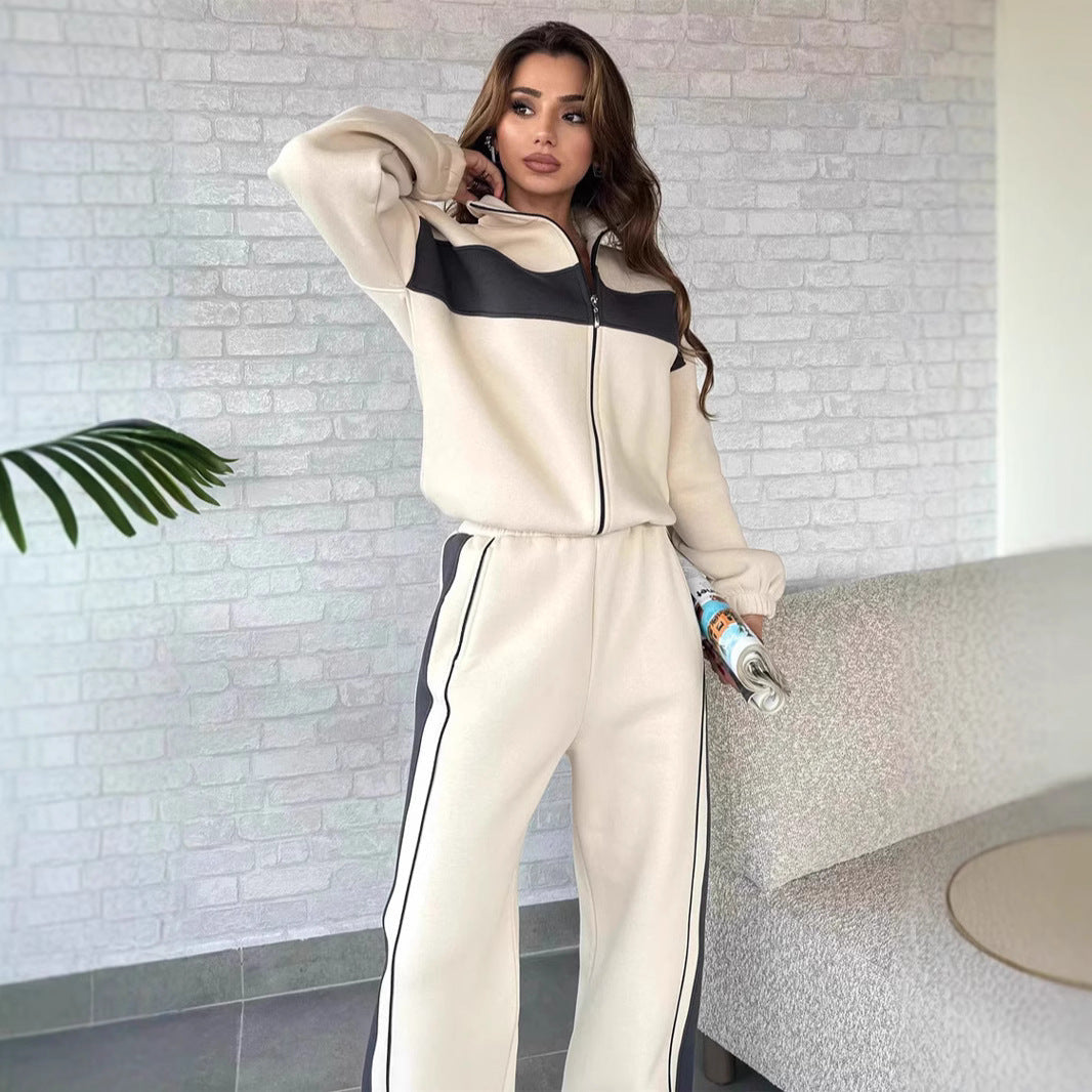 Damen sportliches Fleece-Loungewear-Set mit hohem Kragen undseitlichen Kontraststreifen WW