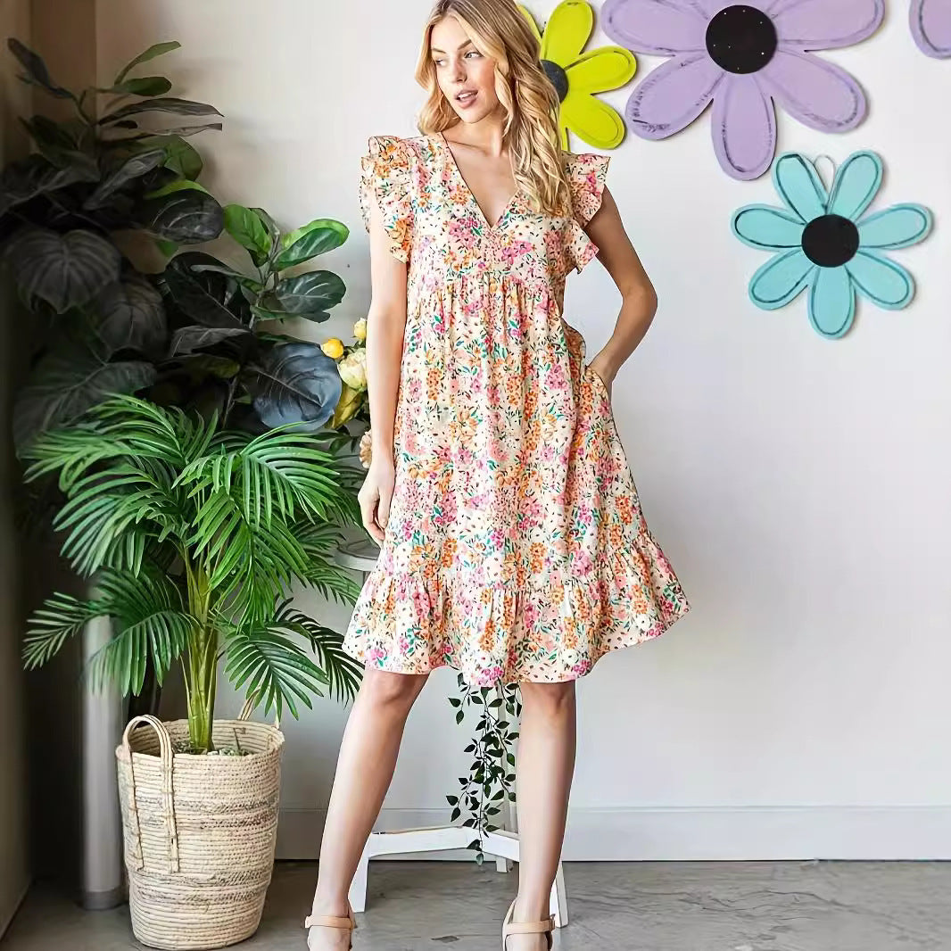 Damen Sommerkleid mit voluminösen Rüschendetails und floralem Muster WW