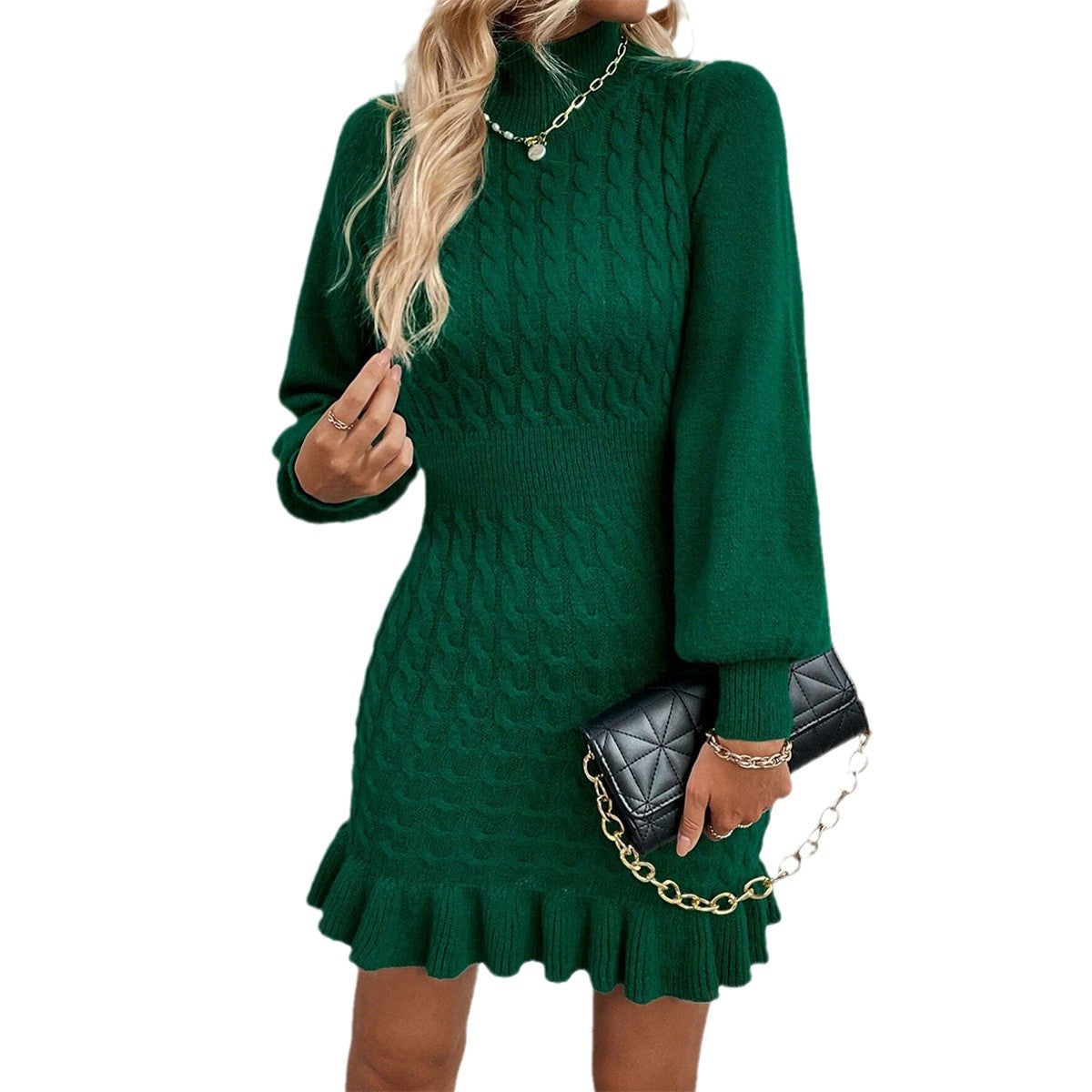 Damen Strickkleid mit hohem Kragen und Rippmuster WW