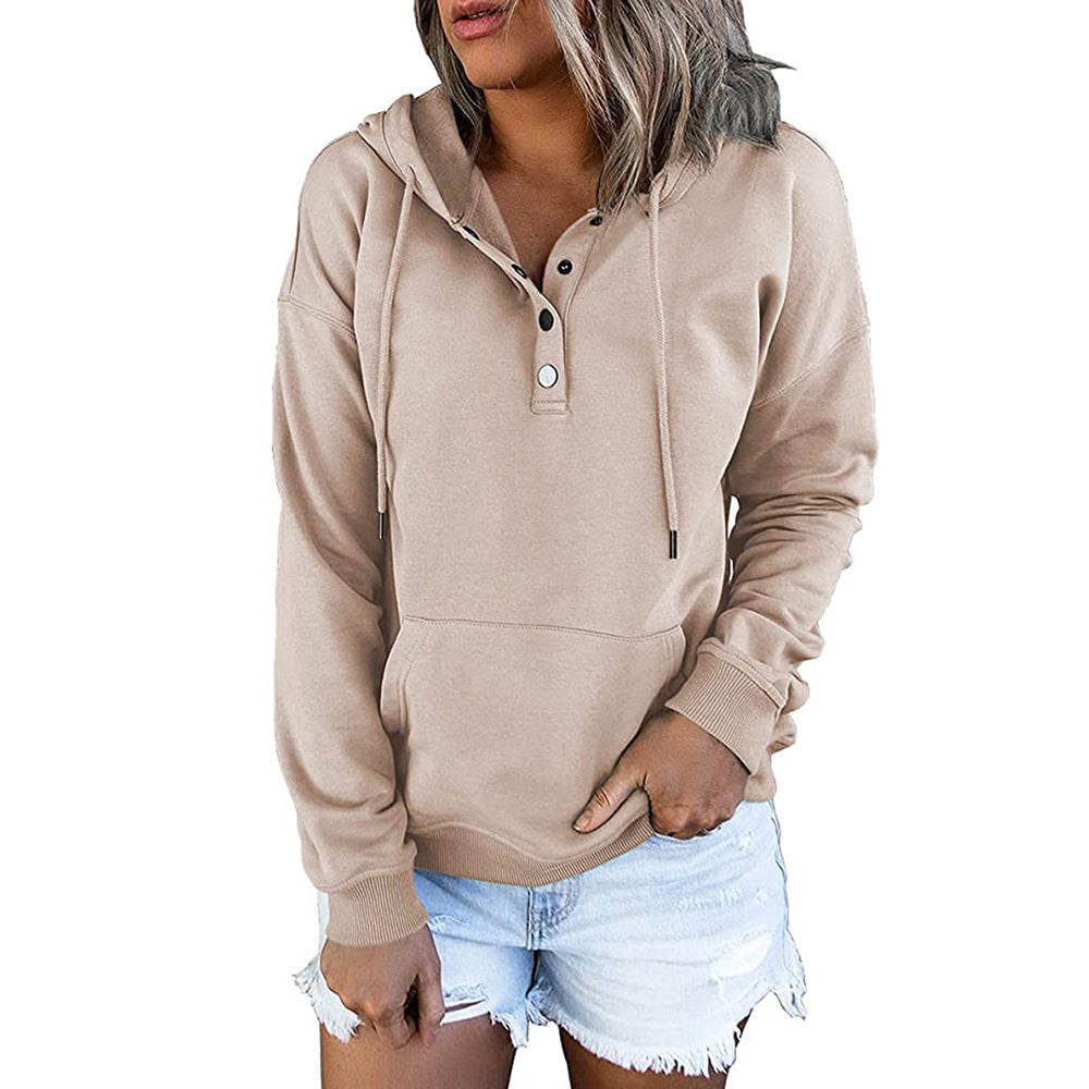 Damen lässiger Kapuzenpullover mit Druckknöpfchen und seitlichen Eingrifftaschen WW
