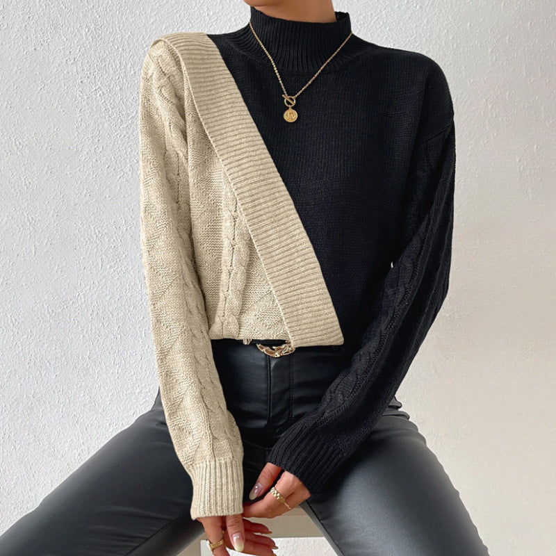 Damen modischer Strickpullover mit asymmetrischem Zopfdesign und hohen Kragen WW