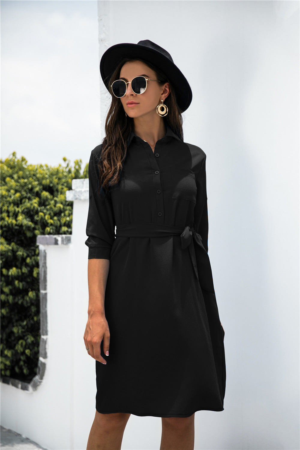 Damen Hemdblusenkleid mit taillierbarem Gürtel und durchgehendem Knopfverschluss WW