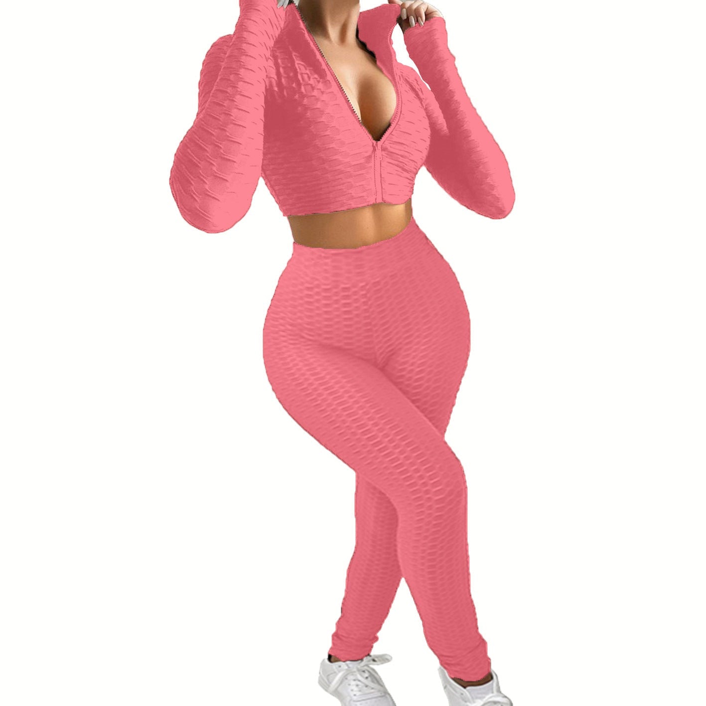 Damen Sportliches Zwei-Teiliges Set mit hochgeschlossenem Reißverschluss und strukturierter Oberfläche WW