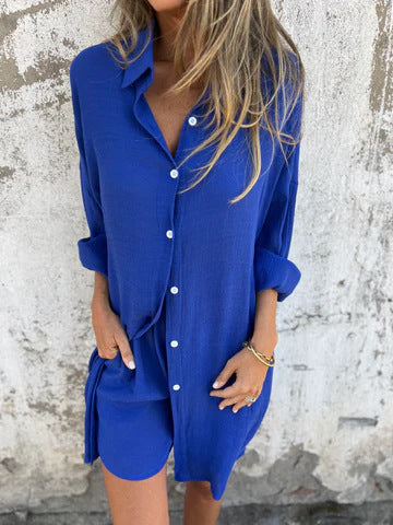 Damen lange Bluse mit durchgehender Knopfleiste und lässigem Schnitt WW
